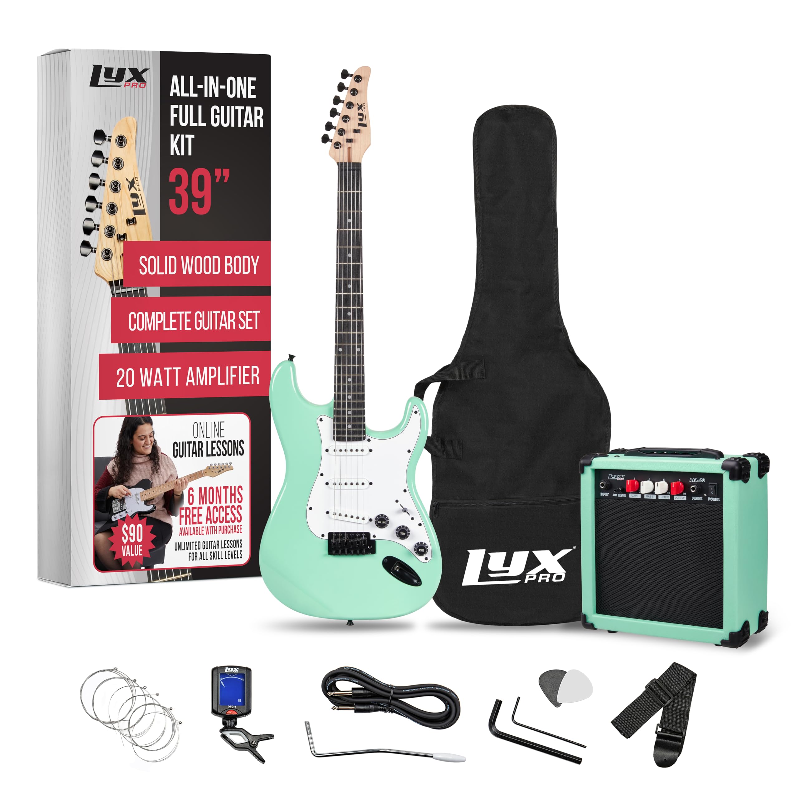 Lyxpro 39 Inch Electric Guitar Kit Bundle With 20W Amplifier, All Accessories, Digital Clip On Tuner, Six Strings, Two Picks, Tr